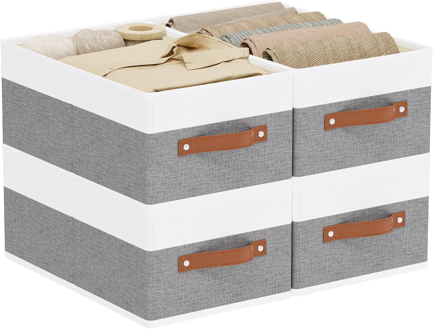 Foldable Storage Bins, 16.1 × 9.8 × 6.5 inch Closet Bin with Handles, Fabric Clothes Boxes for Drawers, Baskets for Organizing Shelves, 4 Pack, White and Grey