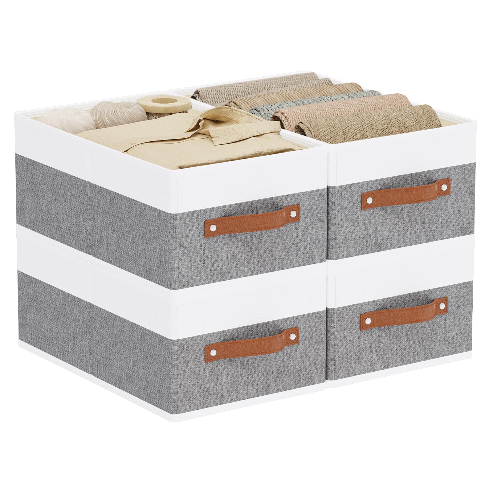 YheenLf Storage Boxes, 16.1 × 9.8 × 6.5 Inch Storage Baskets with Handles, Fabric Cube Organizer Bins for Shelves Bedroom Laundry, White and Grey, 4-
