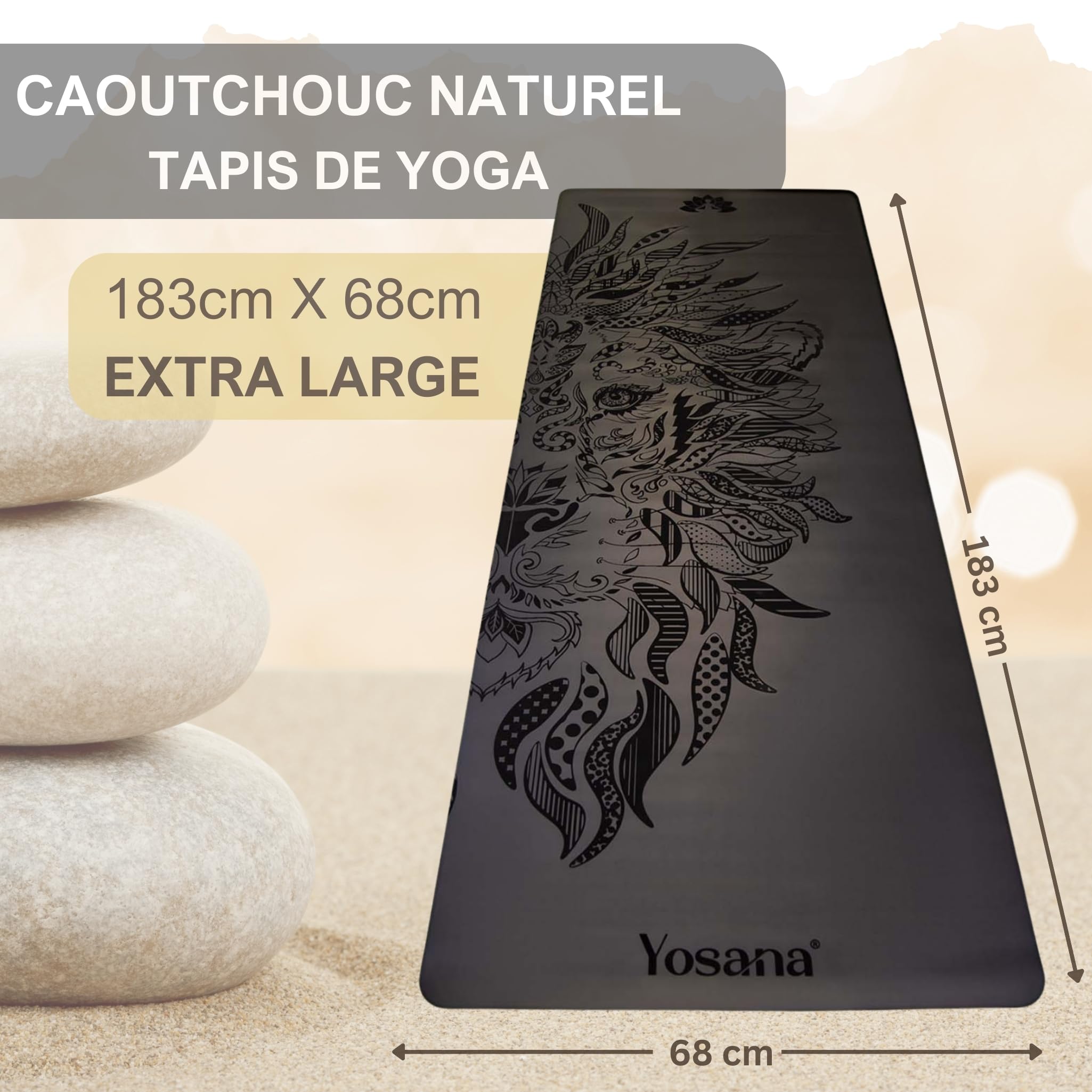 Yosana tapis de yoga en caoutchouc naturel | extrêmement antidérapant | surface ULTRA GRIP en ECO PU | extra large 68cm | tapis de yoga 183x68cm | 4mm d'épaisseur