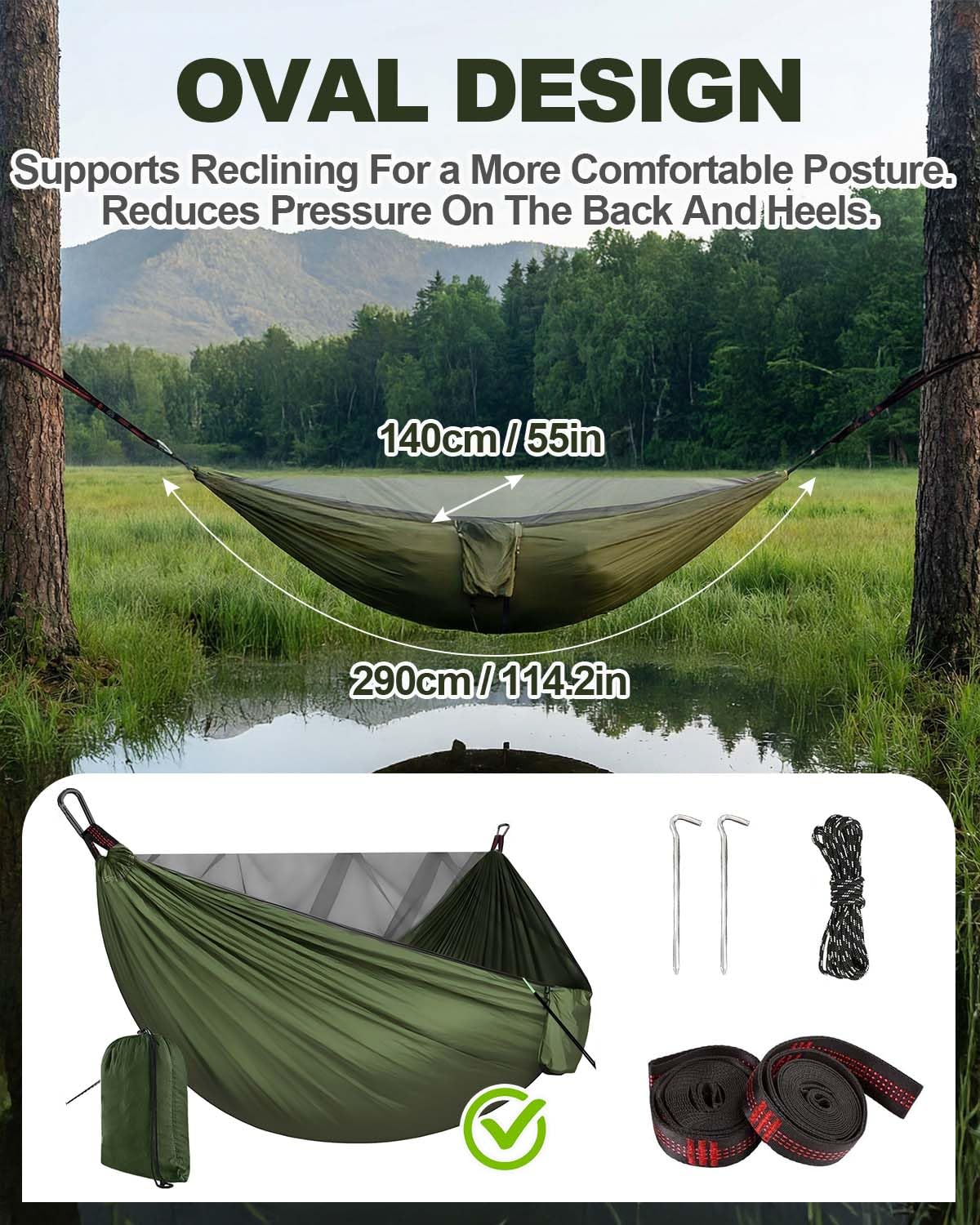 Amaca da campeggio 290 x 140 cm con zanzariera, ultra leggera e resistente, in nylon da 210T, da viaggio, con cinghie per alberi, facile da installare, amaca da campeggio per esterni