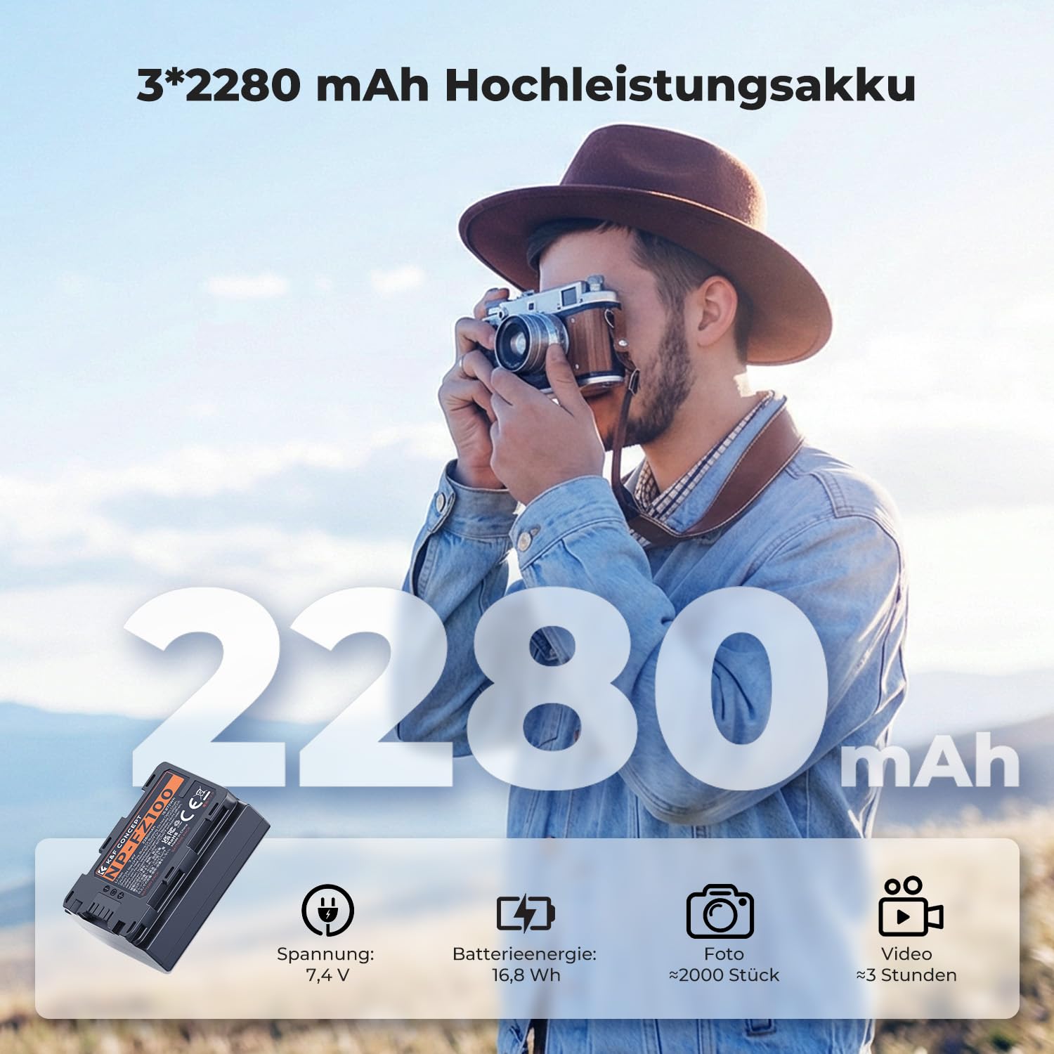 K&F CONCEPT NP-FZ100 Kamera Akkus(3er Pack) mit 3-Slot Ladegerät,2280mAh Batterie für Sony Alpha A7III,A7IV,A7R III/A7R3,A7RIV,A7RV,A7C,A7S III/A7S3,A9,A9II,A6600,A9R,A9R,9S,FX3,FX30,ZV-E1,ZV-E10ii