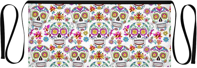 Sunlit Sugar Skulls 3-Pocket Server Apron Professional Waist Apron for Waitress, Bartender & Restaurants, Water-Resistant Half Apron for Men Women