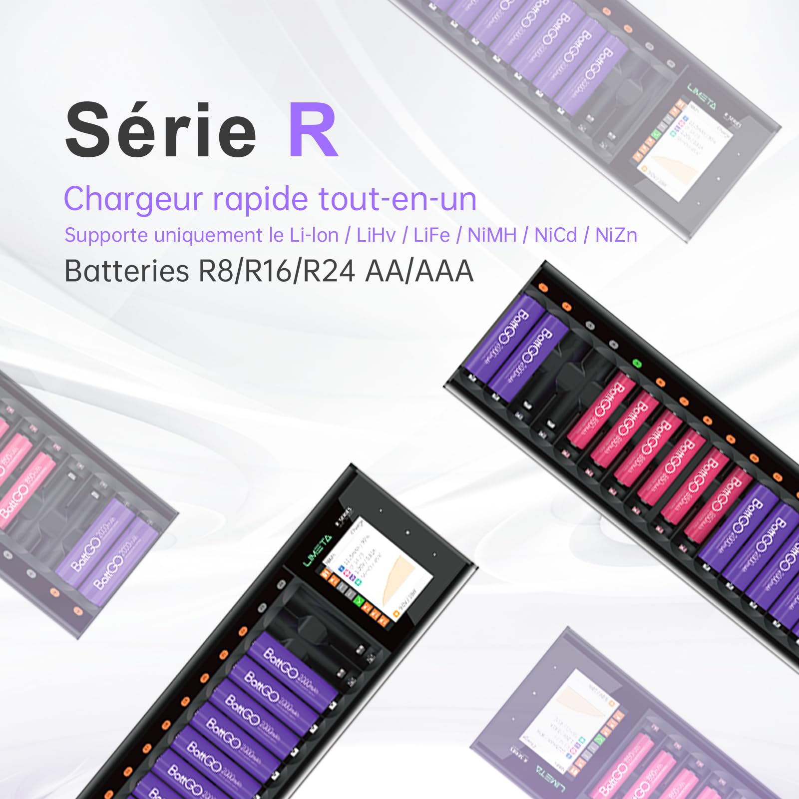LIMETA Chargeurs de Batterie Domestiques à 8 Emplacements, Chargeur de Batterie Rechargeable avec Affichage LCD USB Type C, Intelligent pour Charger Les Piles AA AAA Li-ION LiHv Ni-MH Ni-CD.