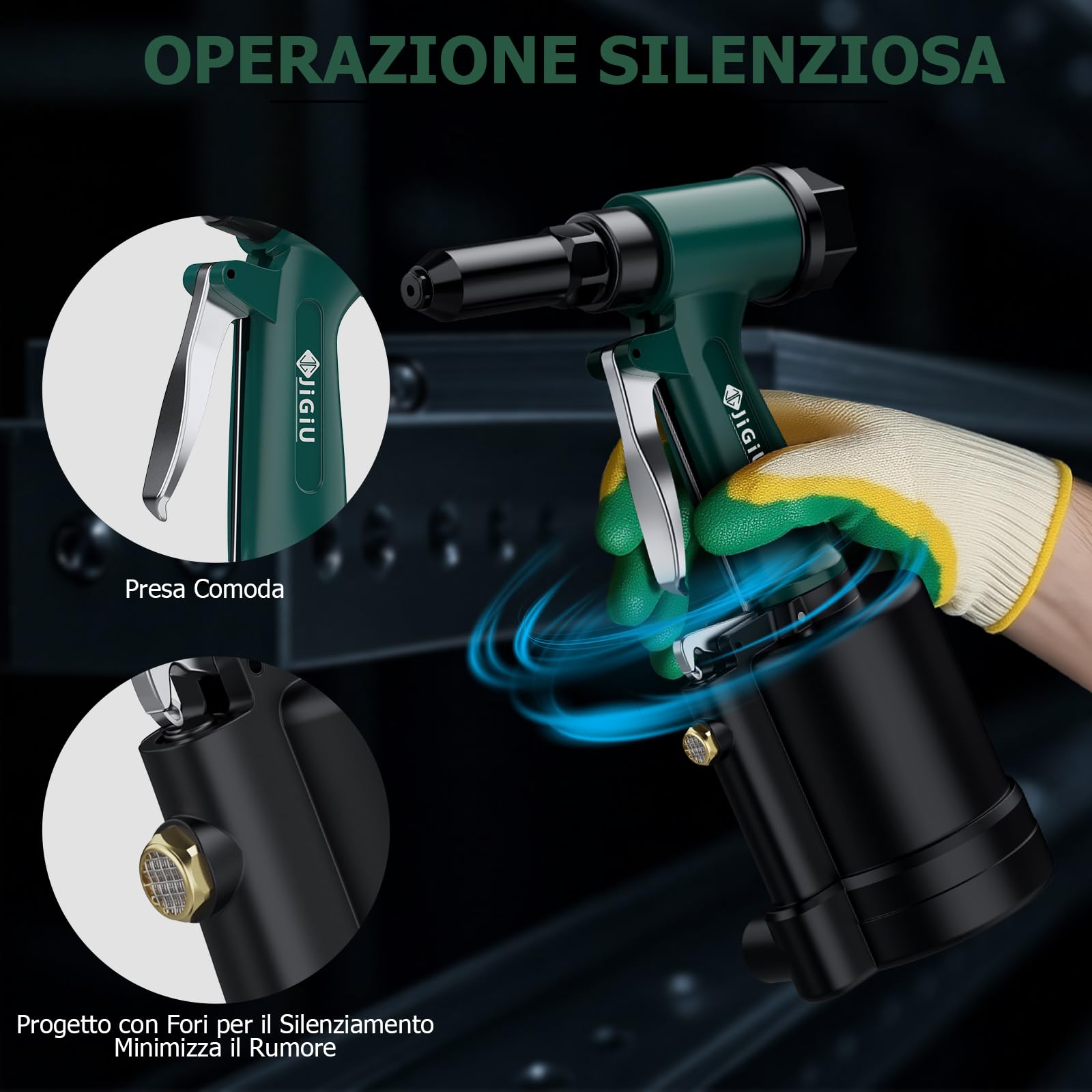 JiGiU Rivettatrice ad Aria Professionale per Rivetti 2.4-4.8mm Rivettatrice Pneumatica 1408KGF con Forza di Trazione, Attacco Europeo e Grifi - per Auto, Industria, Fai Da Te