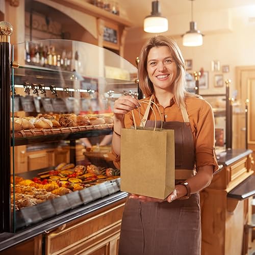 Miniatura 6 de MOZRRO Bolsas de regalo, paquete de 100 unidades de 10.5 x 8.5 x 4.5 pulgadas, bolsas de papel con asas, tamaño mediano, bolsa de regalo marrón para