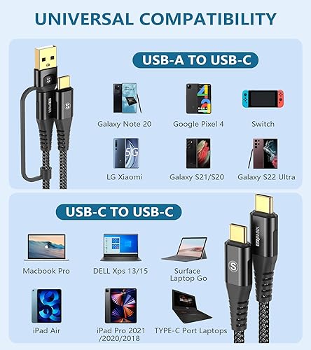 Miniatura 5 de Cable USB-C a USB-C de 6.6 pies PD 100 W iPhone 15 cargador 2 en 1 USB AC a USB-C cable trenzado de nailon para iPhone 15 Pro Max MacBook iPad Pro