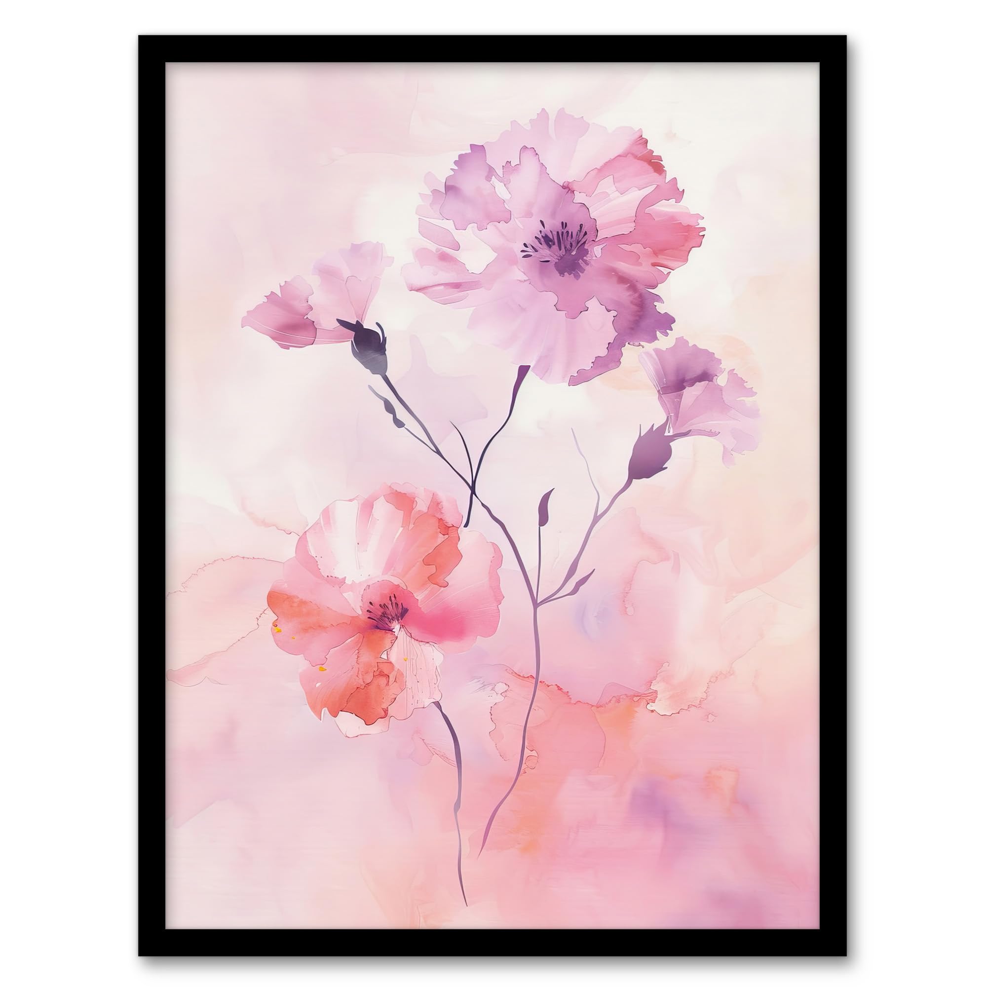 Artery8 Carnation Flowers Watercolour Pink Pastel Modern Living Room Artwork Framed Wall Art Print A4