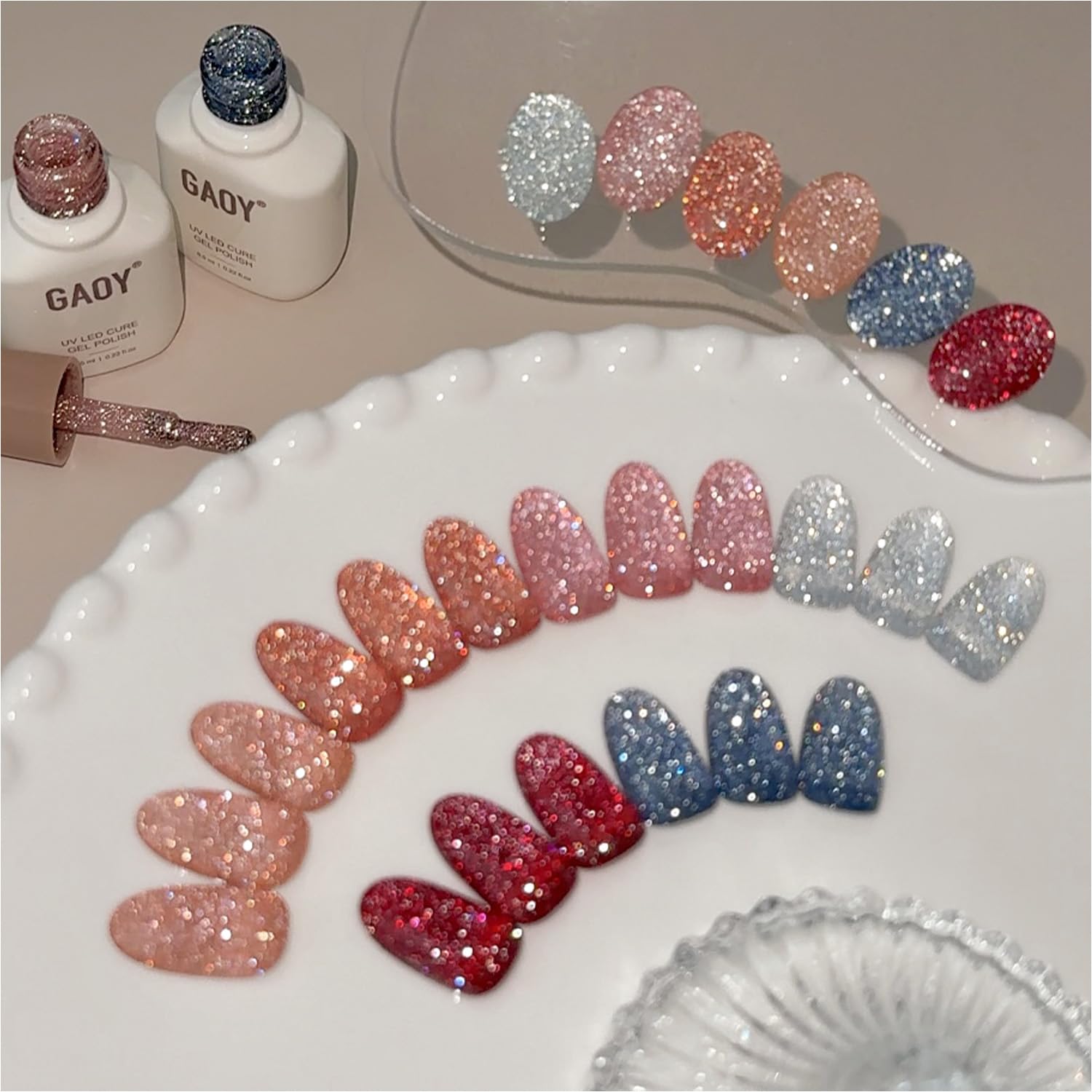 GAOY Reflective Glitter Gel Nail Polish Set, 6 Colors Red Pink Silver Holographic Sparkle Gel Kit, Soak Off UV Light Cure for Salon and Nail Art DIY