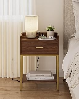 Masupu Nightstand with Charging Station, 3-Tier Modern Bedside Night Stand with Storage Drawer and Shelf, Small End Side Table for Bedroom, Living Room, Walnut