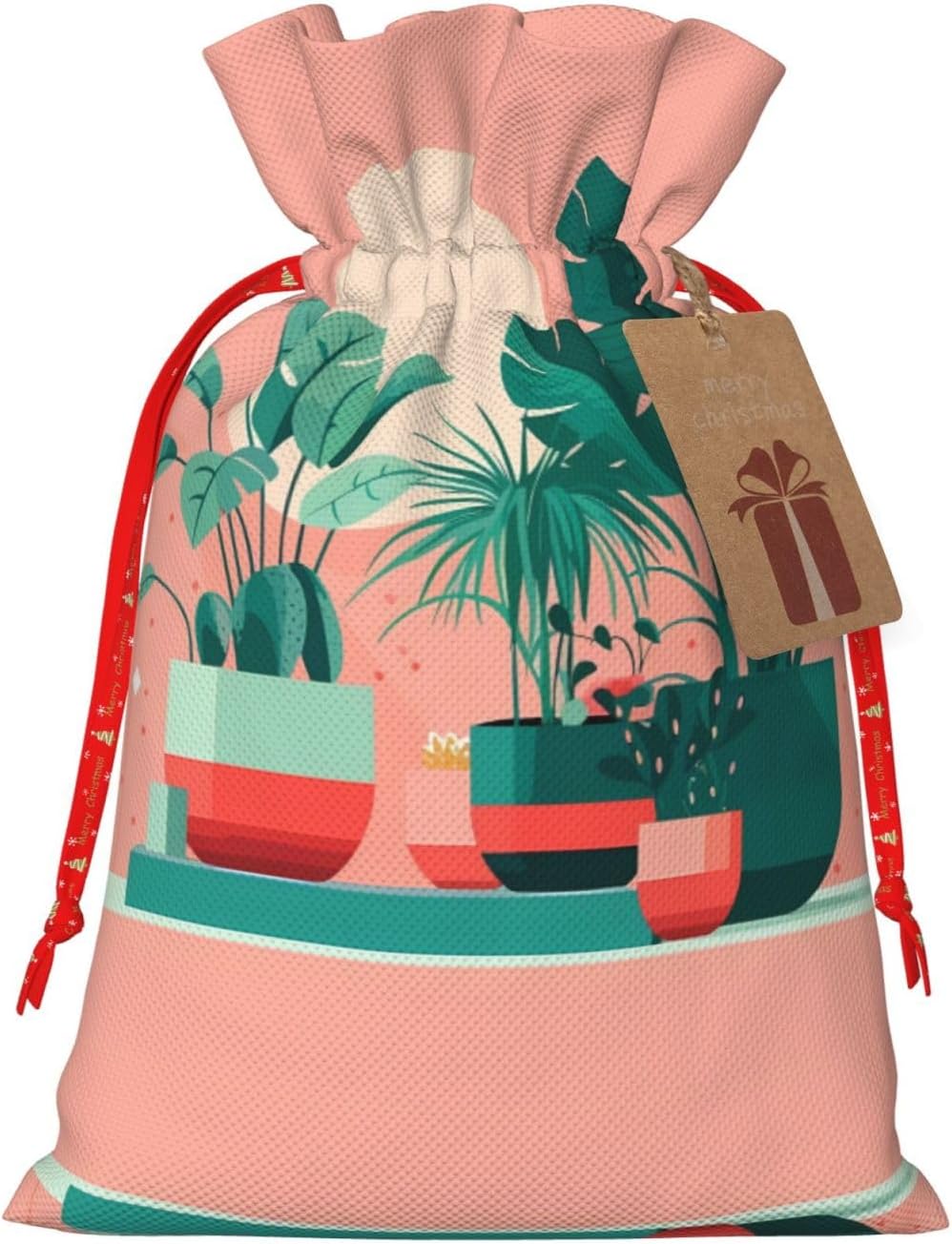 VACSAX Christmas Gift Bag with Drawstring Closure - Lightweight, Cute Design - Perfect for Birthdays and Parties Beautiful potted green plants