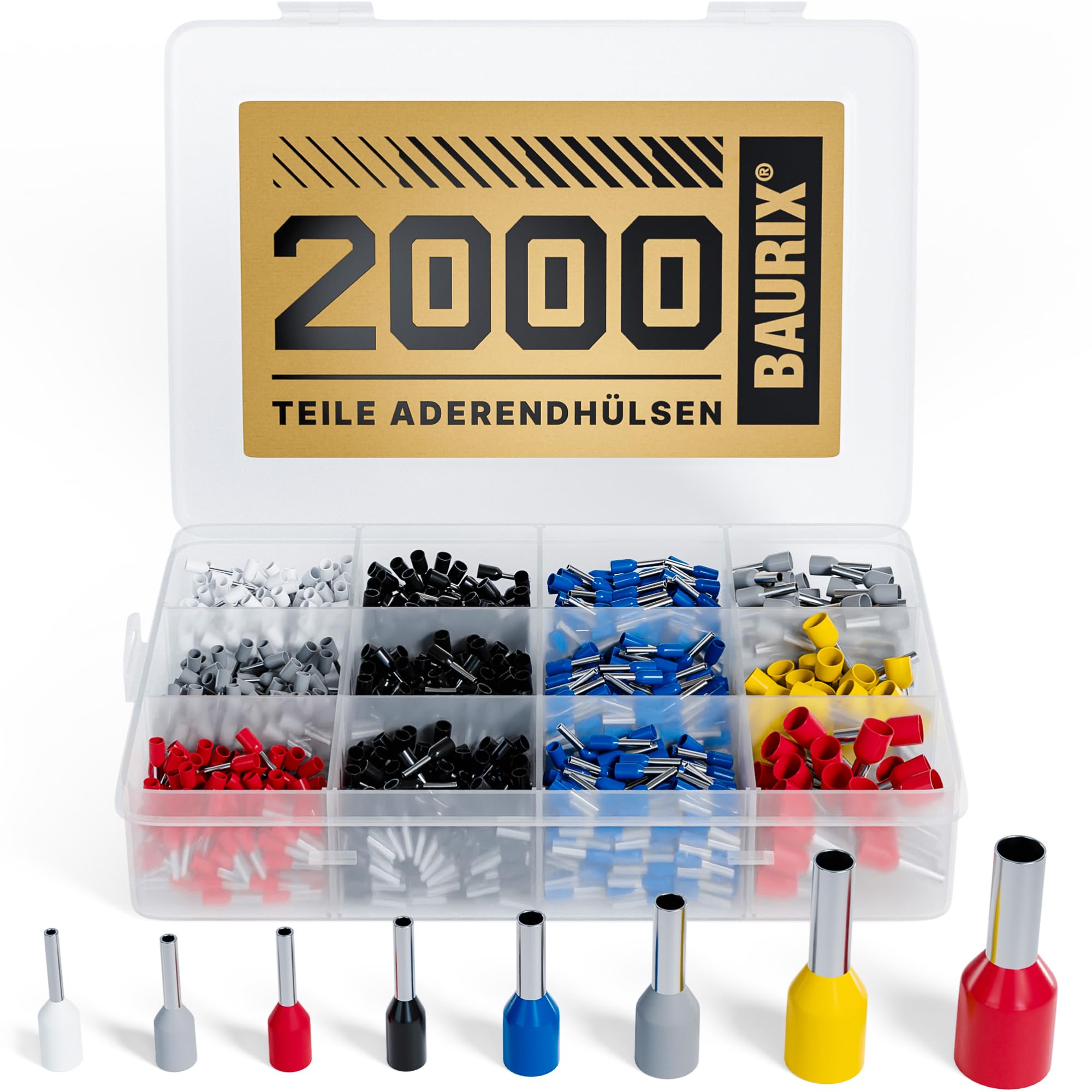 BAURIX ® 2000 Stück Aderendhülsen Sortiment I Isolierte Hülsen nach DIN 46228-4: 2020-03 I 0,5 mm² - 10 mm² I Profi Isolierhülsen Set