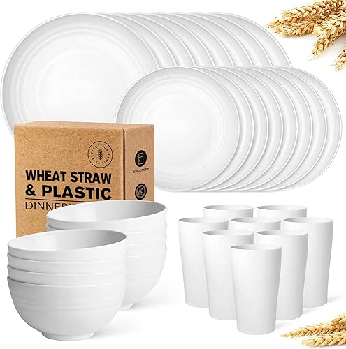 Vista 31 de Teivio Juego de vajilla de paja de trigo de plástico de 32 piezas, servicio para 8, platos llanos, platos de postre, cuencos para cereales, vasos