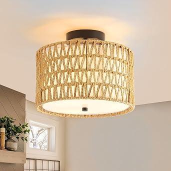 WILON Rattan Light Fixture Ceiling Mount, 3-Light Semi Flush Mount Ceiling Light Fixture with Fabric Shade, Modern Drum Woven Boho Light Fixture for Hallway Entryway Kitchen Bedroom Nursery Laundry