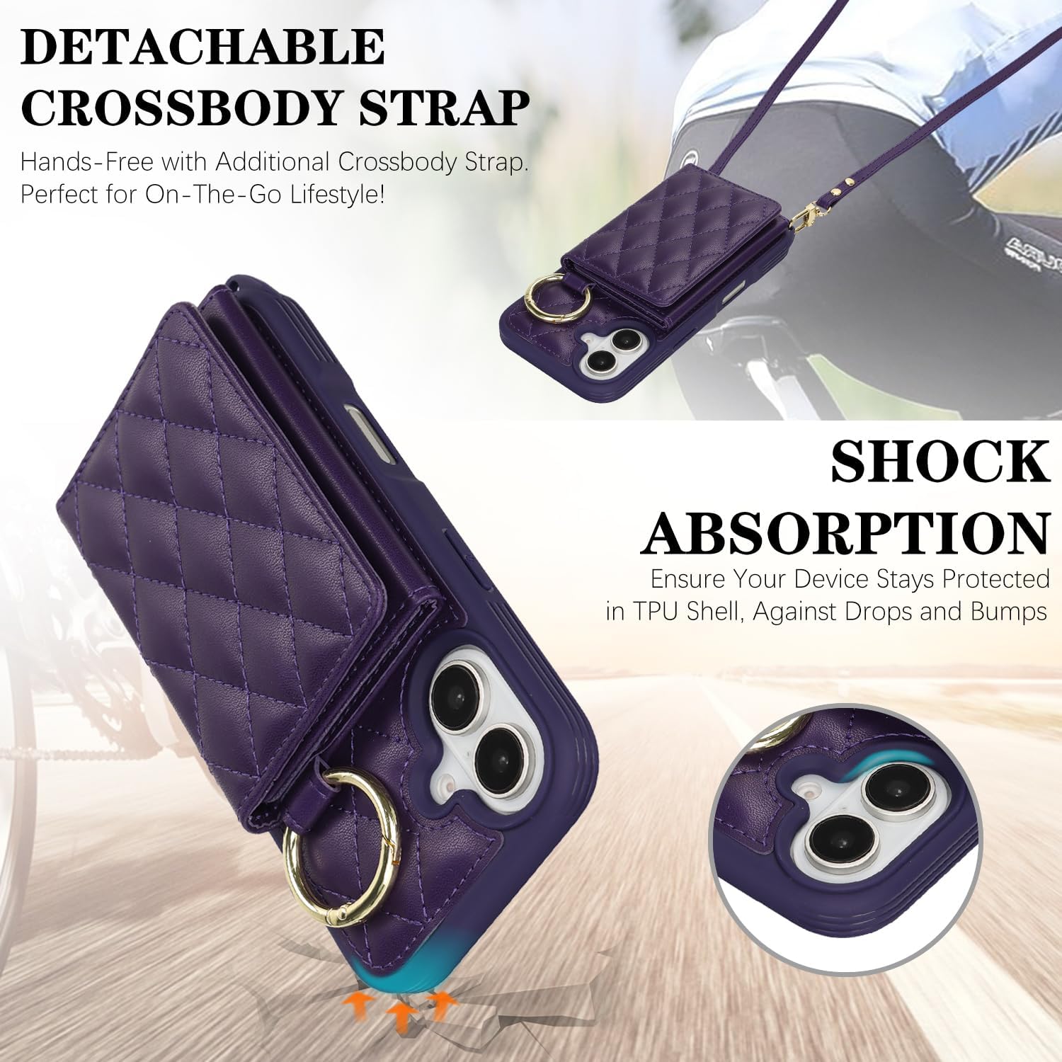 for iPhone 17 Case with Card Holder and Strap for Women,Crossbody Lanyard, Make Up Mirror,Ring Stand,Snap Clasp,Cute Phone Wallet Cases 6.3 inch - Deep Purple