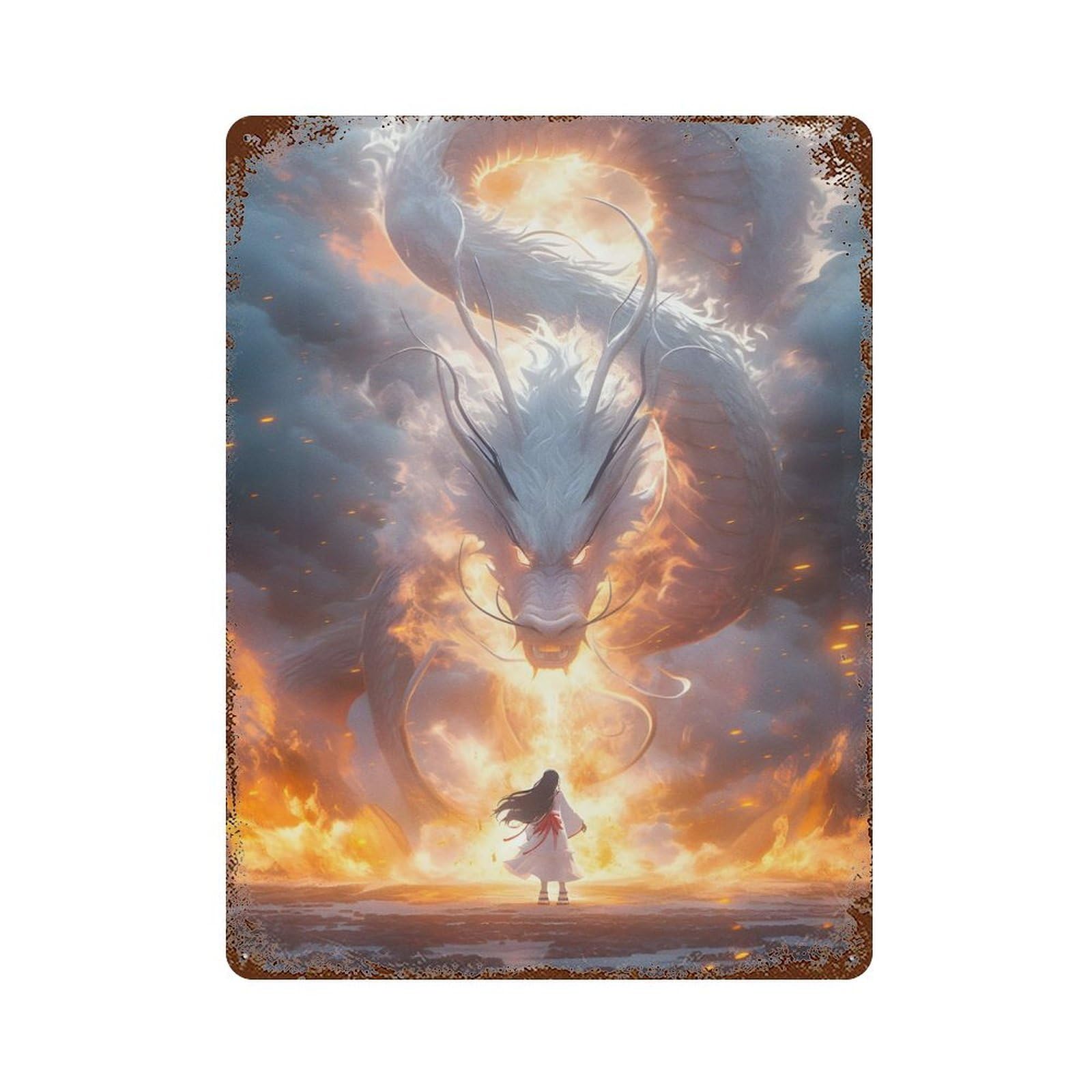 Distressed Metal Wall Sign Girls And White Dragon 15.7"x11.8", Vintage Wall Decor for Garage, Bar And Workshop Decor