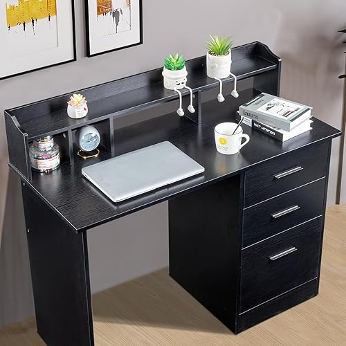 Miniatura 4 de Karl home Escritorio negro para computadora con cajones y gabinete de escritorio, escritorio moderno para estudio, juegos, escritura, oficina en