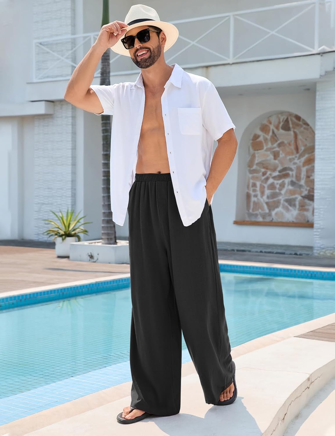 Kissonic Mens Casual Linen Pants Elastic Waist Drawstring Baggy Pants Cotton Wide Leg Yoga Beach Trousers