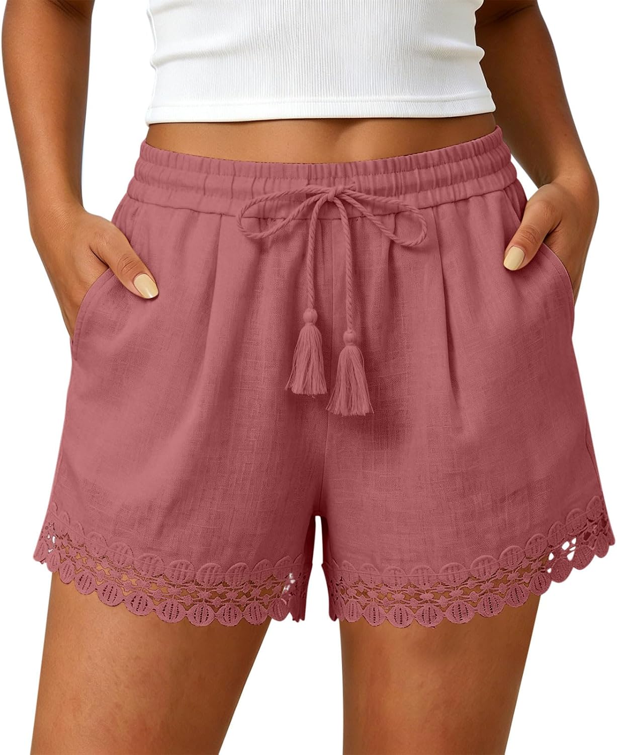 Shorts for Women Casual Cotton Linen Elastic Waist Summer Drawstring Shorts with Pocket Vacation Lace Trim Clothes