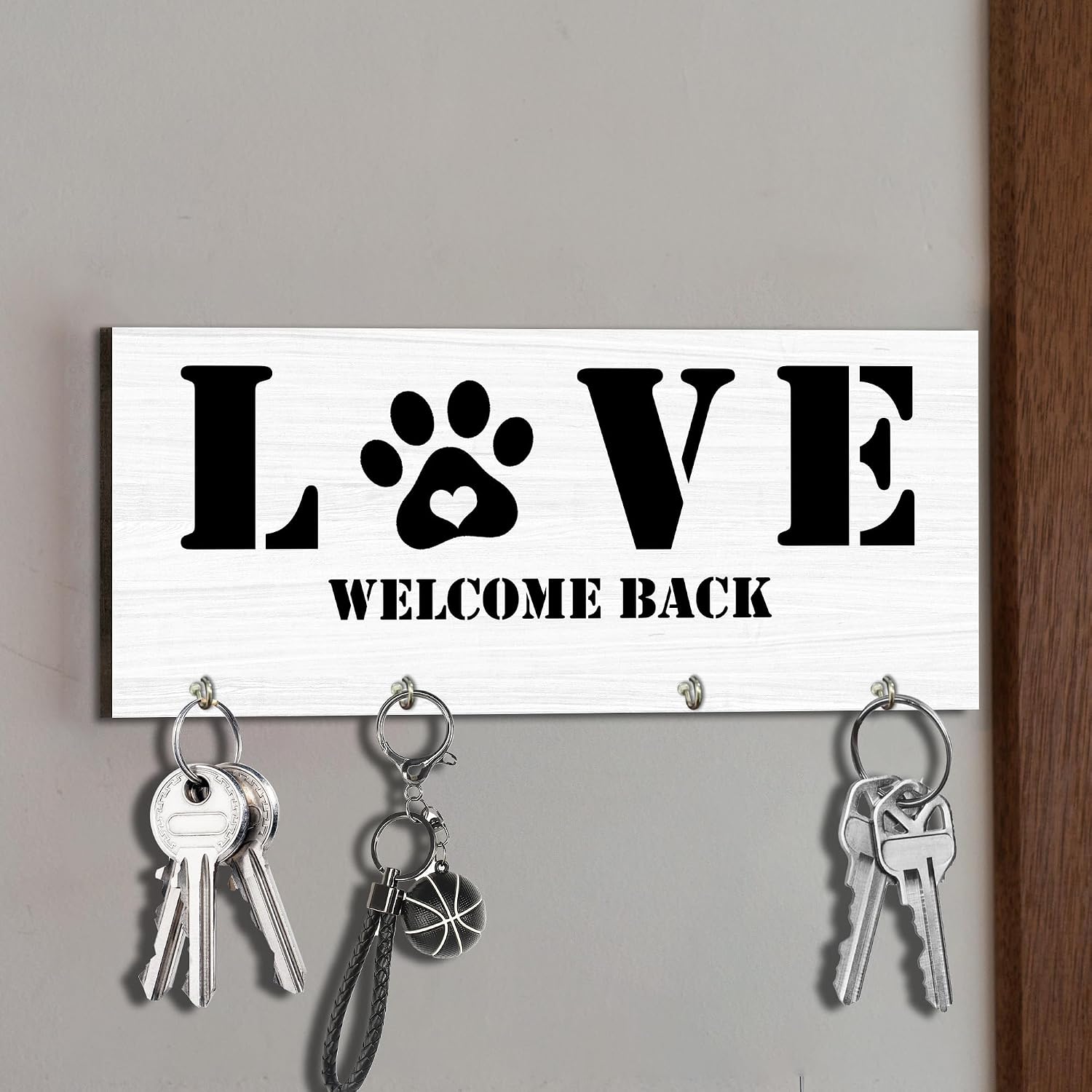 Wooden Key Holder for Wall Rustic Farmhouse, Welcome Back Dog Paw Print Key Hanger Leash Holder with 4 Hooks, Home Decor Housewarming Gift, Keys Holder Wall Mount, Dog Lover Gifts