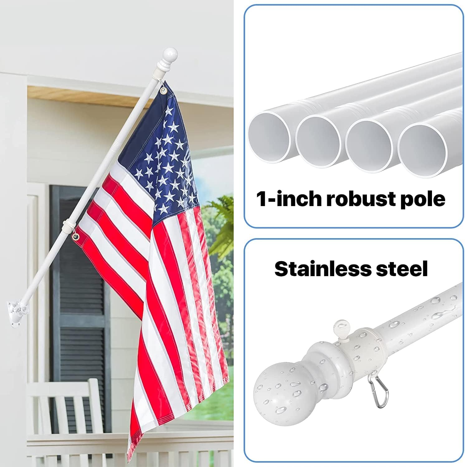 White Flag Poles for Outside House, Flag Pole Kit with Holders Bracket, 360 Rotating Mounting Rings, 6 Ft Garden Flagpoles for 3x5 American Flag, Metal Flagpole Residential Heavy Duty for Porch