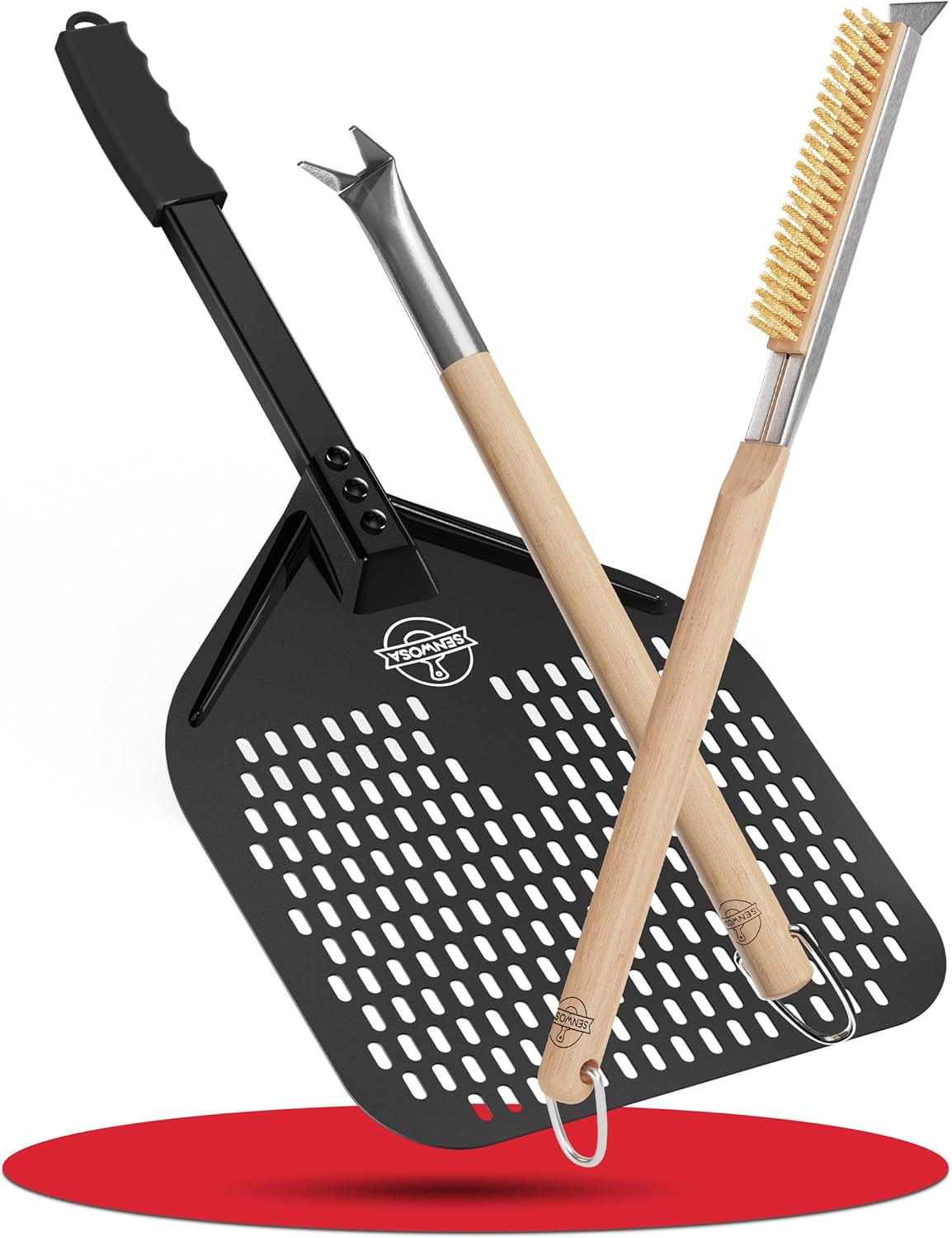 Nonstick 12-inch Pizza Peel, Oven Brush with Stone Scraper & Turning Fork/Bubble Popper Bundle