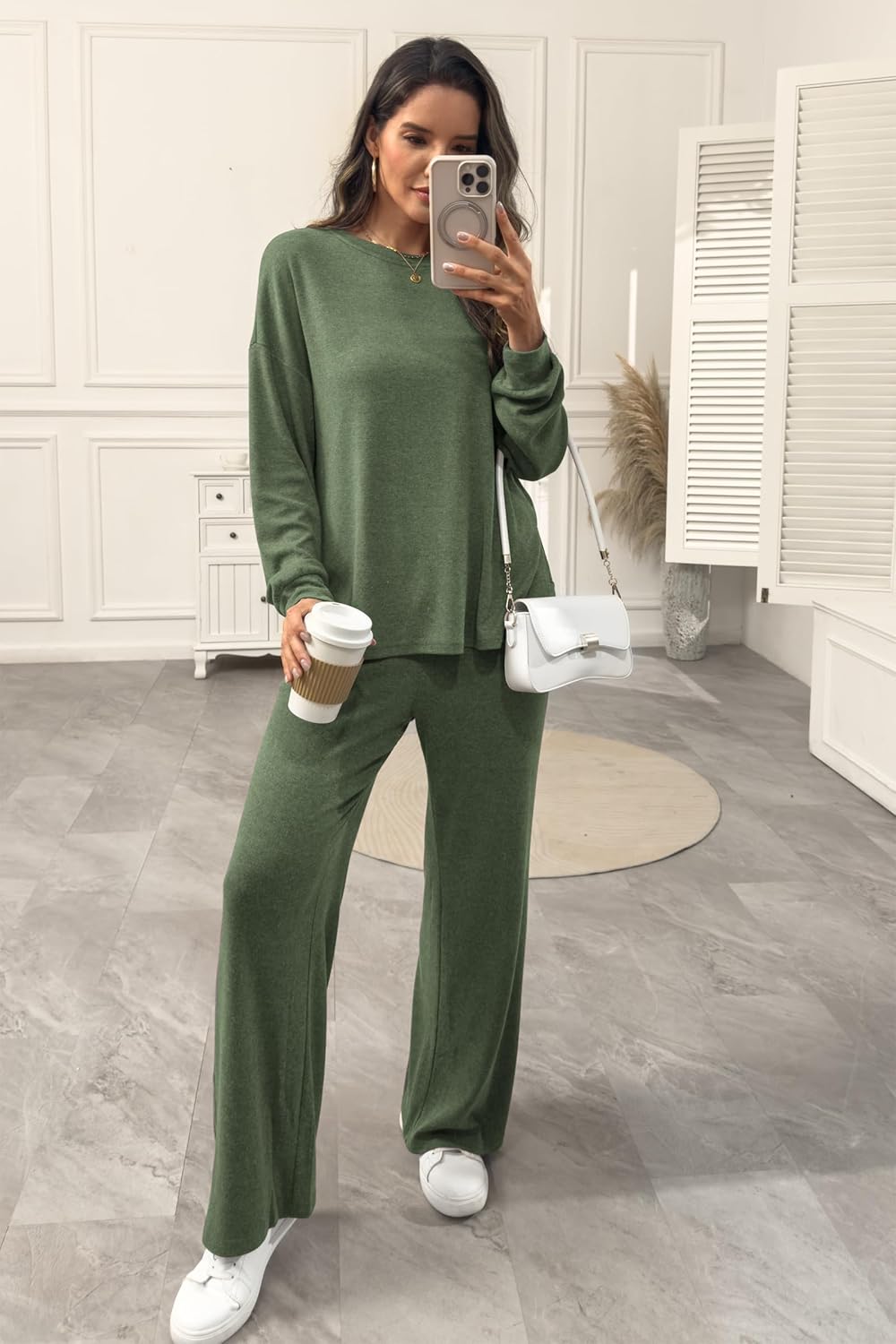 Womens Lounge Set 2025 Fall 2 Piece Outfits Long Sleeve Tops Wide Leg Long Pants Cozy Matching Sets Clothing - Image 3