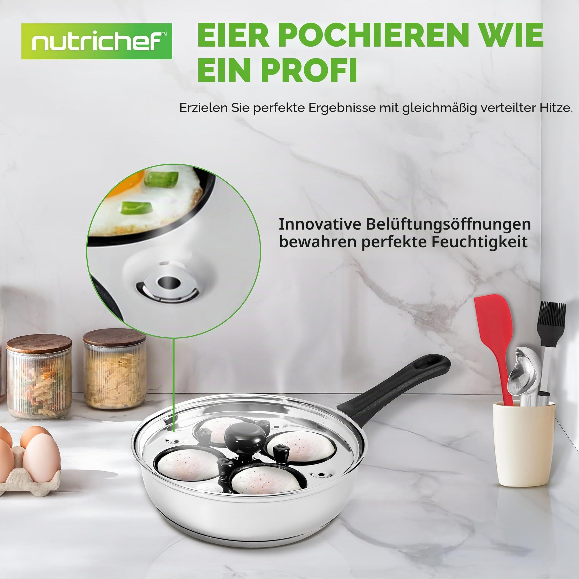 NutriChef Eier Pochierer Edelstahl 20 cm– Eierkocher Für 4 Eier, Pochierte Eier Form, Induktionsgeeignetes Mit Glasdeckel, Antihaft Bechern, Timer Und Spatel (Silber)