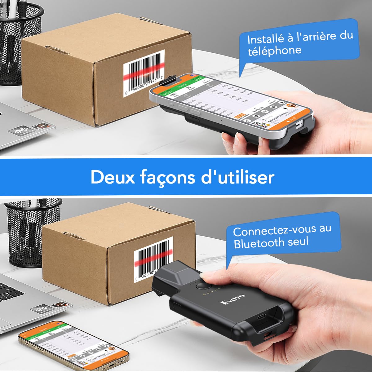 Eyoyo QR Code Scanner Bluetooth Android Barcode Scanner, Portable Back Clip sans Fil 1D 2D UPC ISBN, Lecteur de Code-Barres d'inventaire, Compatible avec iPhone, téléphone Android