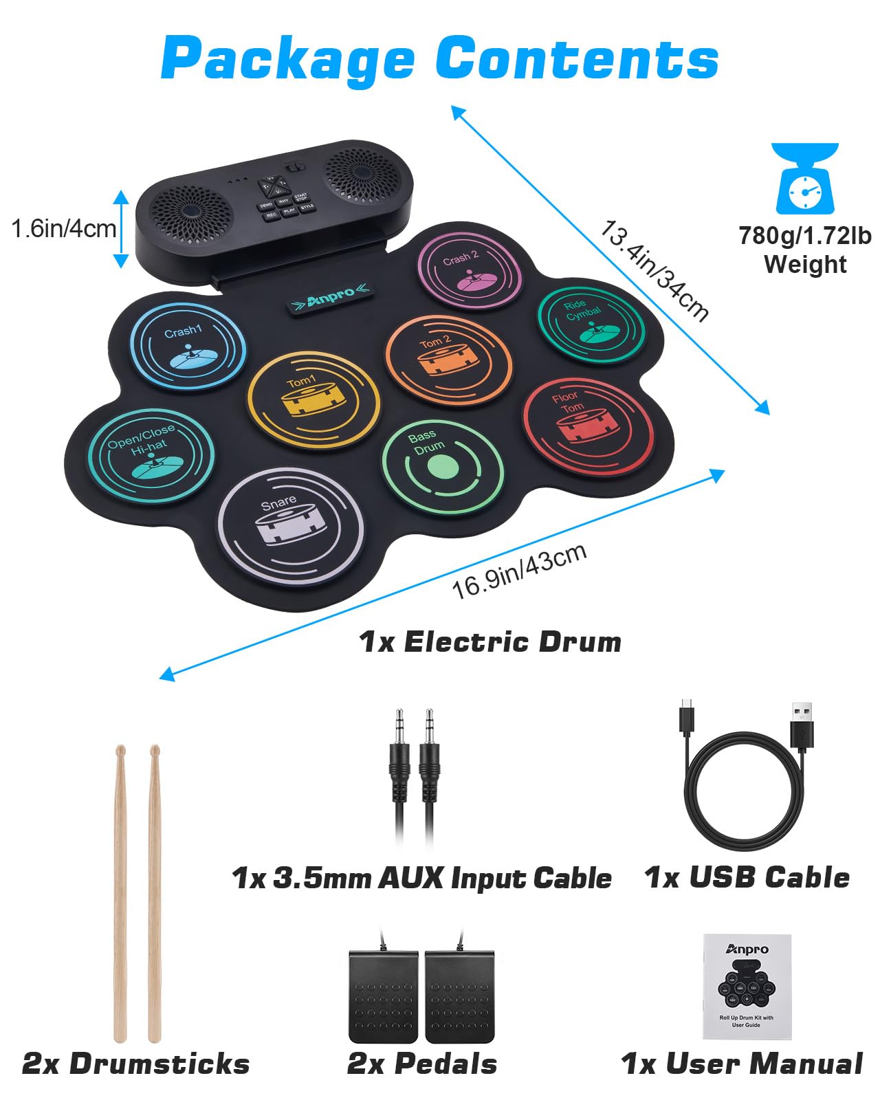 Juego de batería eléctrica, 9 almohadillas de batería con altavoces estéreo duales, kit de batería electrónica enrollable con pedales de tambor, soporte para auriculares/Bluetooth/MIDI, regalo 8