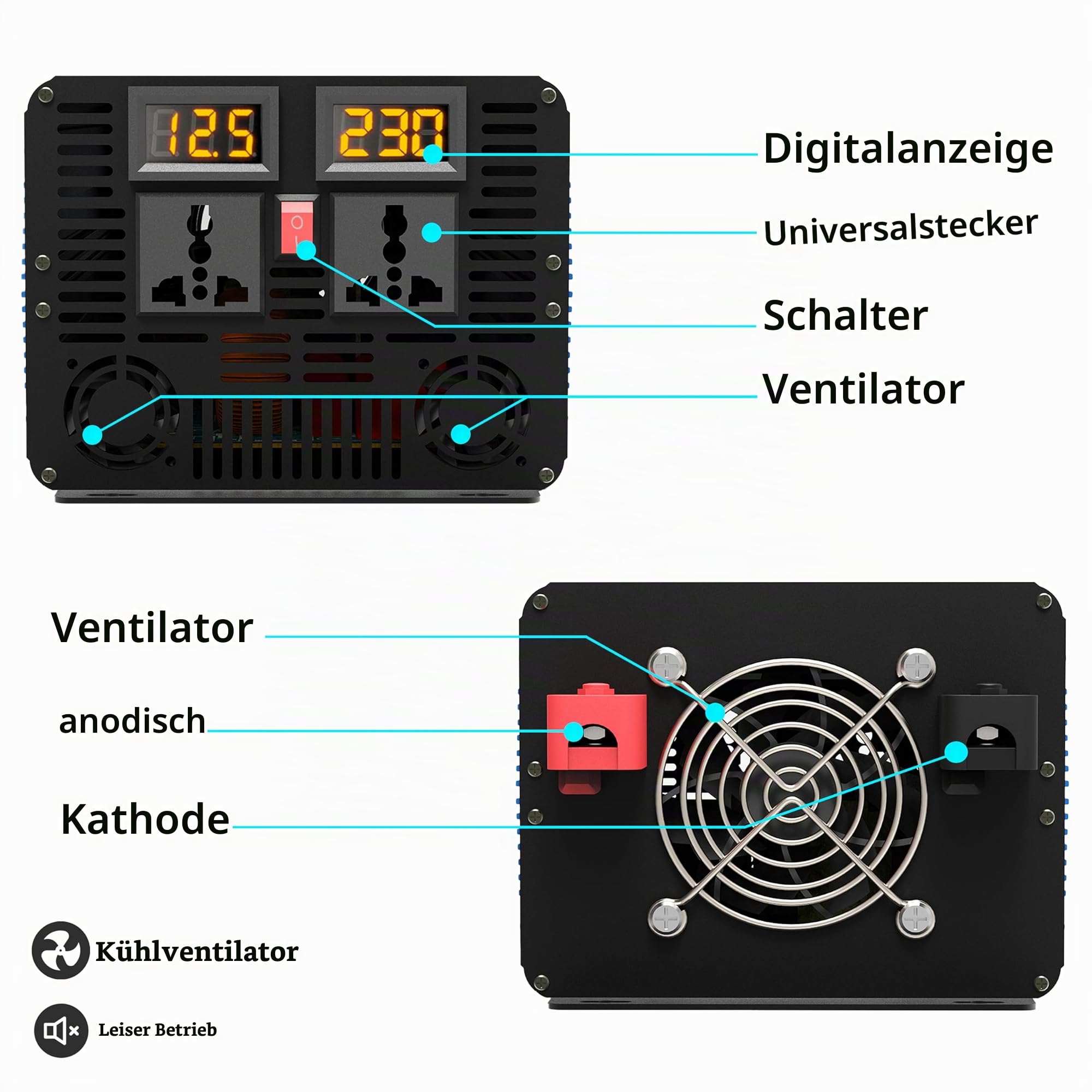 4000W/8000W (Peak) Wechselrichter Reiner Sinus 12V auf 230V，Solar Power Inverter mit 2 LCD-Bildschirme, 2 AC Steckdosen，KFZ Spannungswandler für Fahrzeuge Solar Auto Wohnmobil Haushaltsgeräten