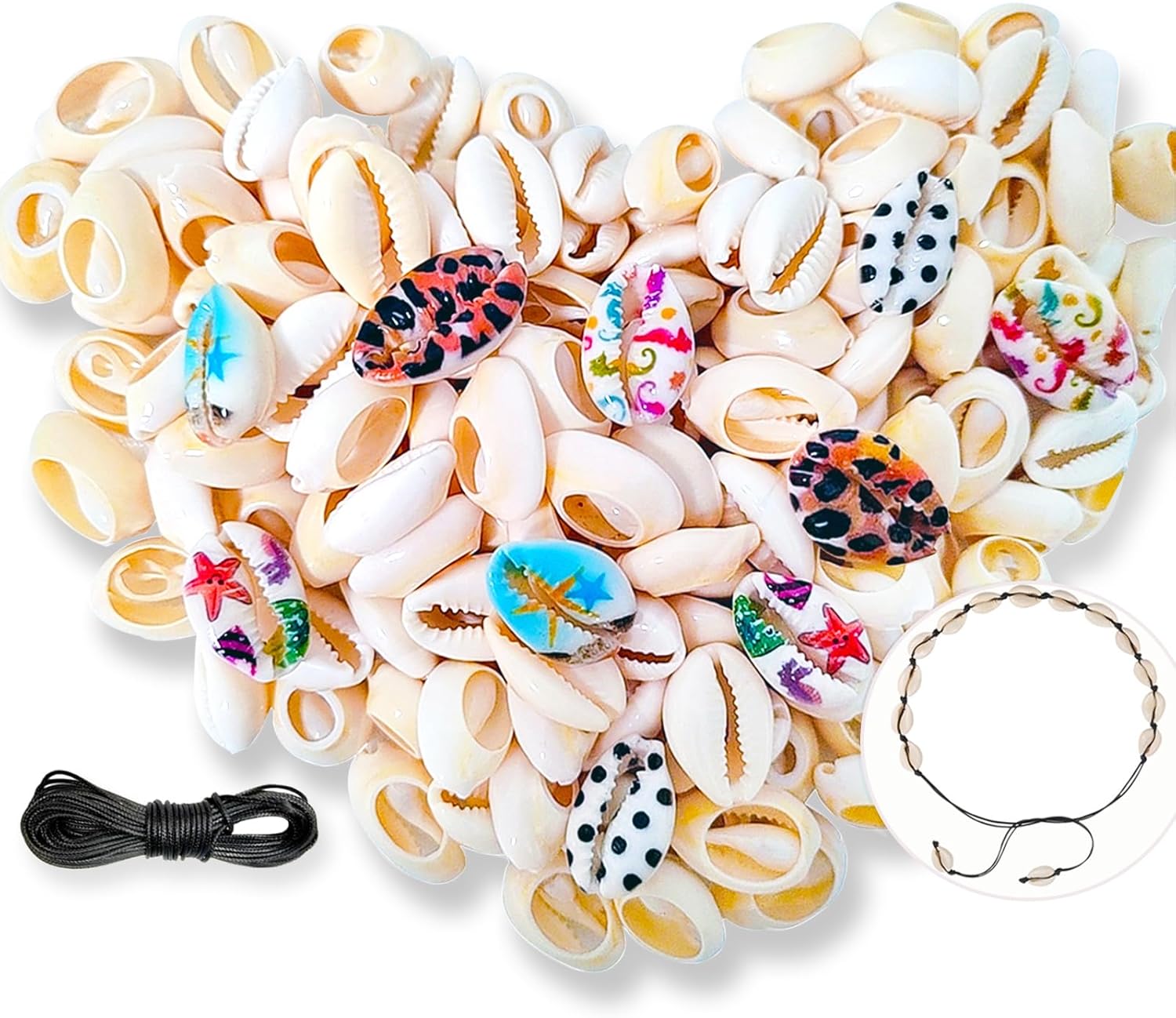 DINGPAI 110Pcs Cowrie Shell Beads Kit - Natural White & Colored Oval Seashells with Waxed Cord for DIY Jewelry, Bracelets & Beach Crafts