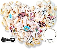 DINGPAI 110Pcs Cowrie Shell Beads Kit - Natural White & Colored Oval Seashells with Waxed Cord for DIY Jewelry, Bracelets & Beach Crafts