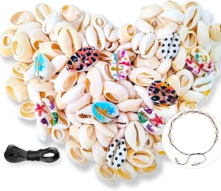 DINGPAI 110Pcs Cowrie Shell Beads Kit - Natural White & Colored Oval Seashells with Waxed Cord for DIY Jewelry, Bracelets & Beach Crafts