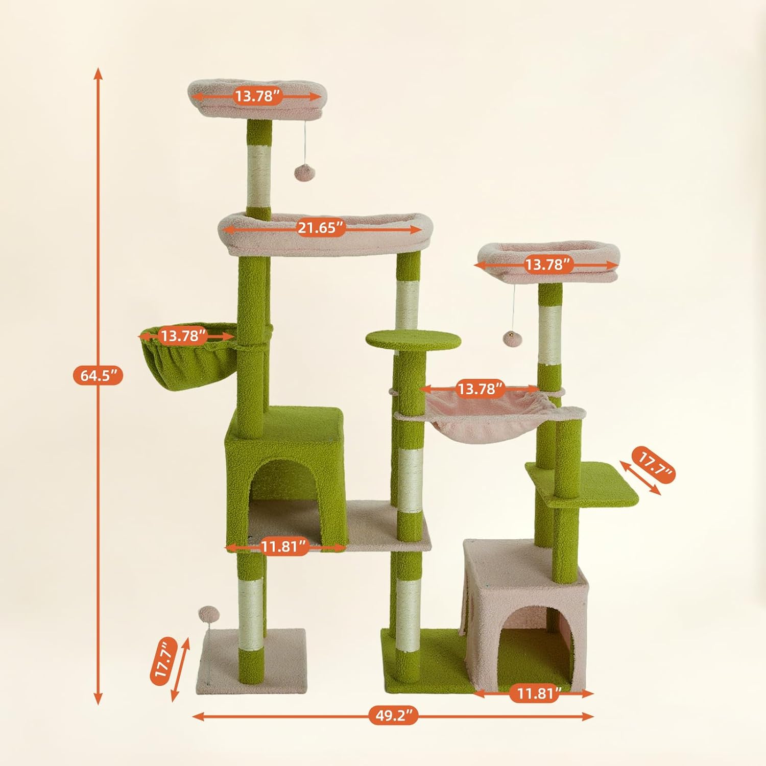 Indoor Cat Tree for Large Cats, 64.5 Inch Multi-Cat Cat Tree, Includes 3 Perches, 2 Cat Beds, 2 Hanging Baskets, Ideal for Multiple Cats to Play (Green + Pink)