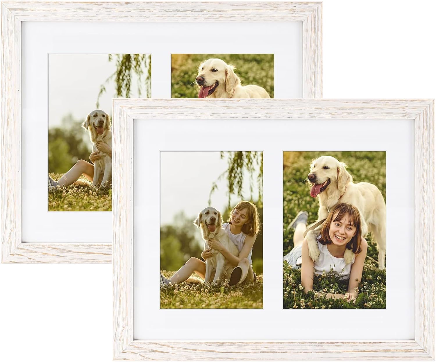 Golden State Art, 4X6 Double Picture Frame In Distressed White - 8X10 Collage Frame, Solid Wood with Tempered Glass - Horizontal And Vertical Formats for Wall And Tabletop, 2 Pack