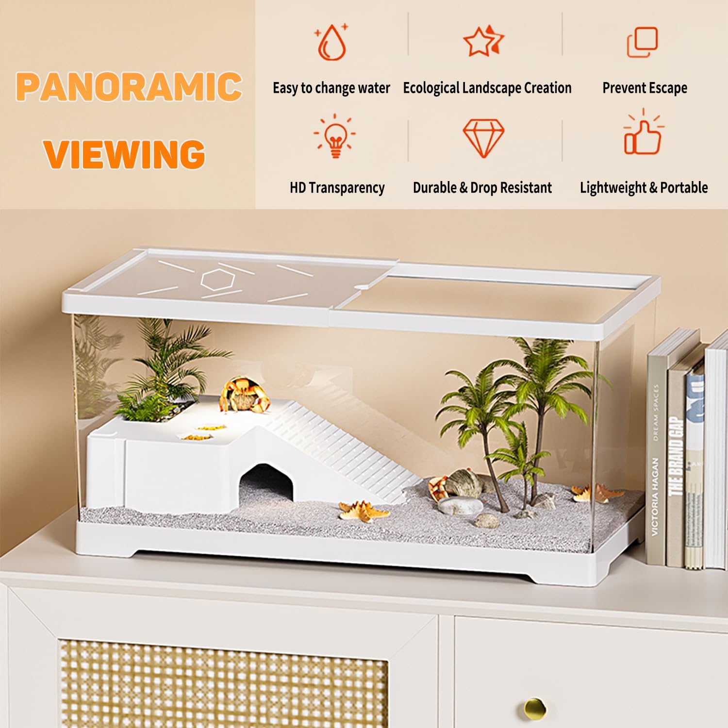 Turtle Fish Tank with Basking Platform and Bottom Drainage, 20" x 9.5" x 9.5" Aquatic Turtle Tank for Juvenile Turtle, Crayfish, Crabs, Amphibians, Reptiles, PC Material, White Color