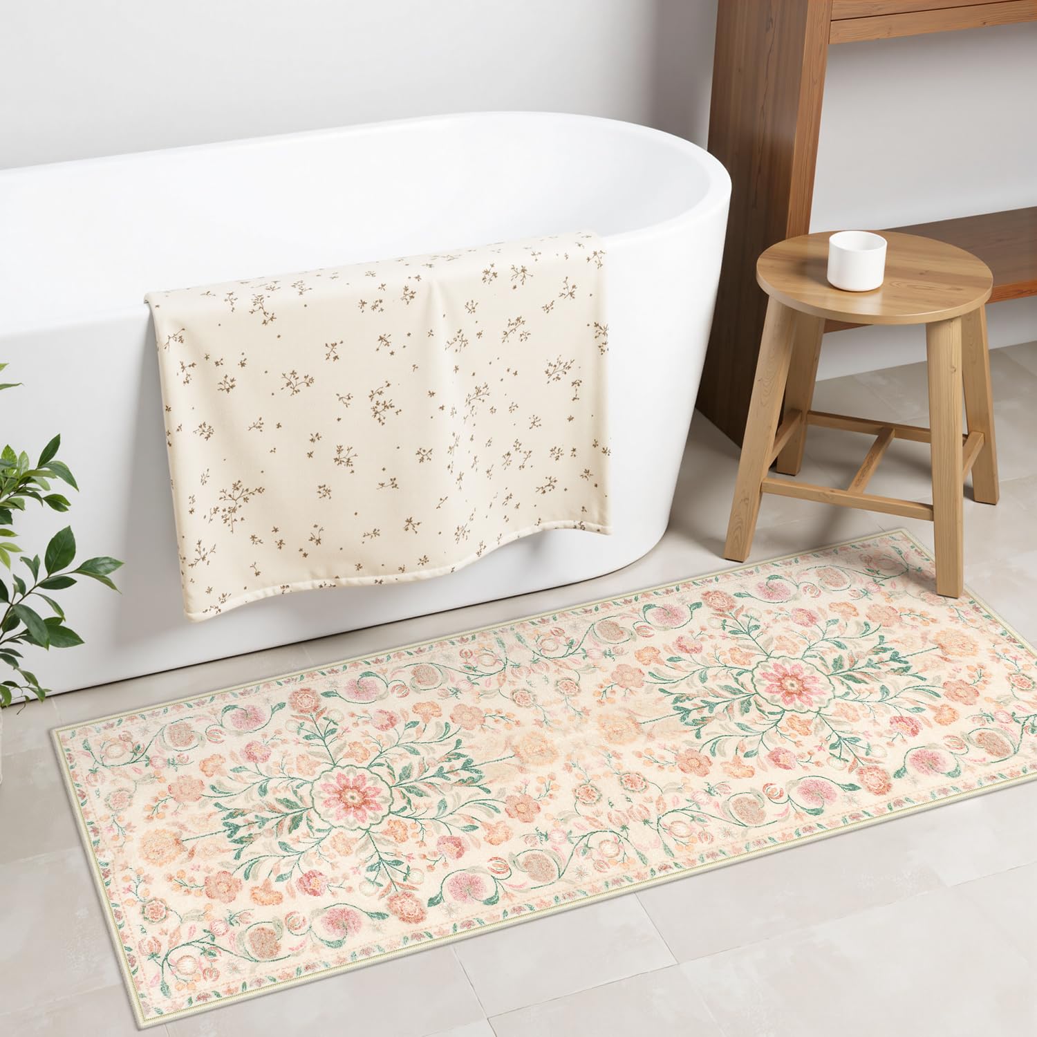 Uphome Bathroom Runner Beige Floral Long Bath Mat Plush Soft Non Slip Bath Rugs Machine Washable Boho Farmhouse Aesthetic Bath Mats for Bathroom Sink