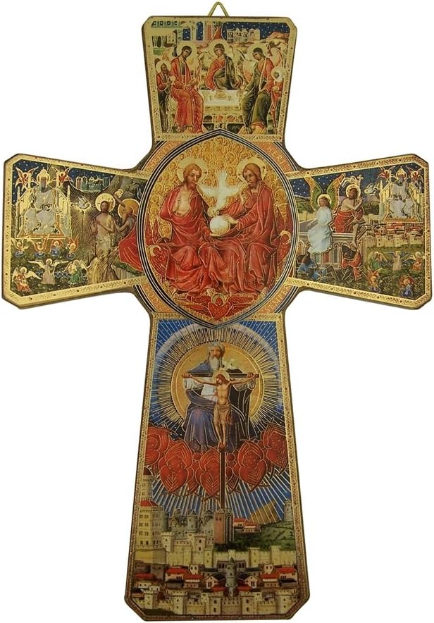 Religious Art The Life of Christ Holy Trinity Icon on Wood Wall Cross Crucifix, 9 1/2 Inch