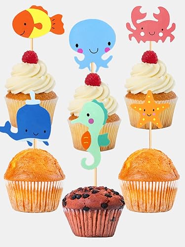 Miniatura 3 de Decoración para cupcakes para decoración de tartas, fiestas temáticas náuticas, baby shower, suministros de cumpleaños para niños (24, animales del