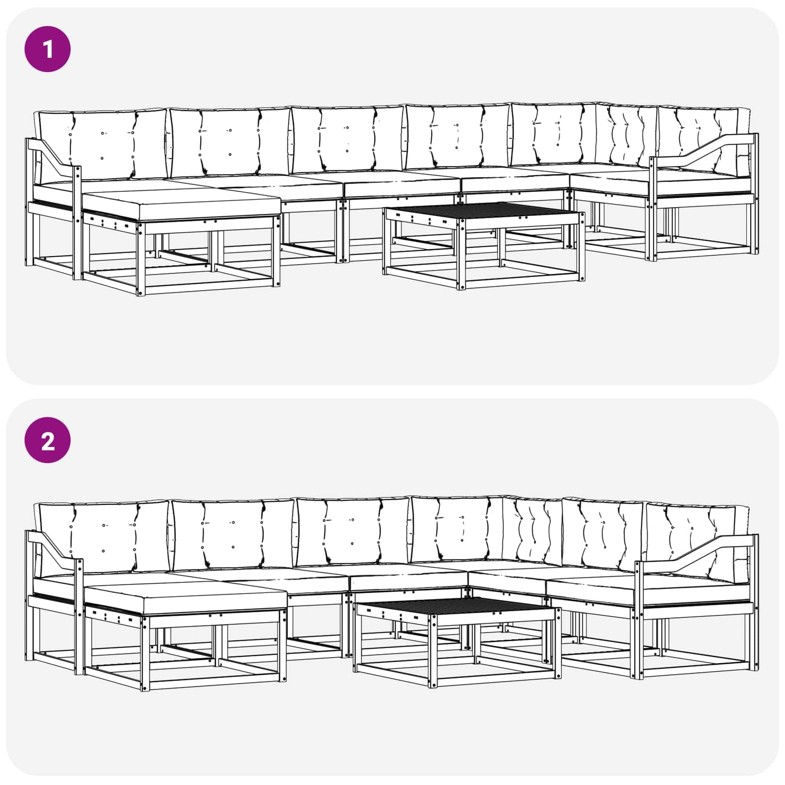 Gartenmöbelgarnitur 8-teilig aus massivem Akazienholz wetterfest für Terrasse Balkon und Garten, modulare Sitzgruppe mit Tisch, Hockern, Sofas