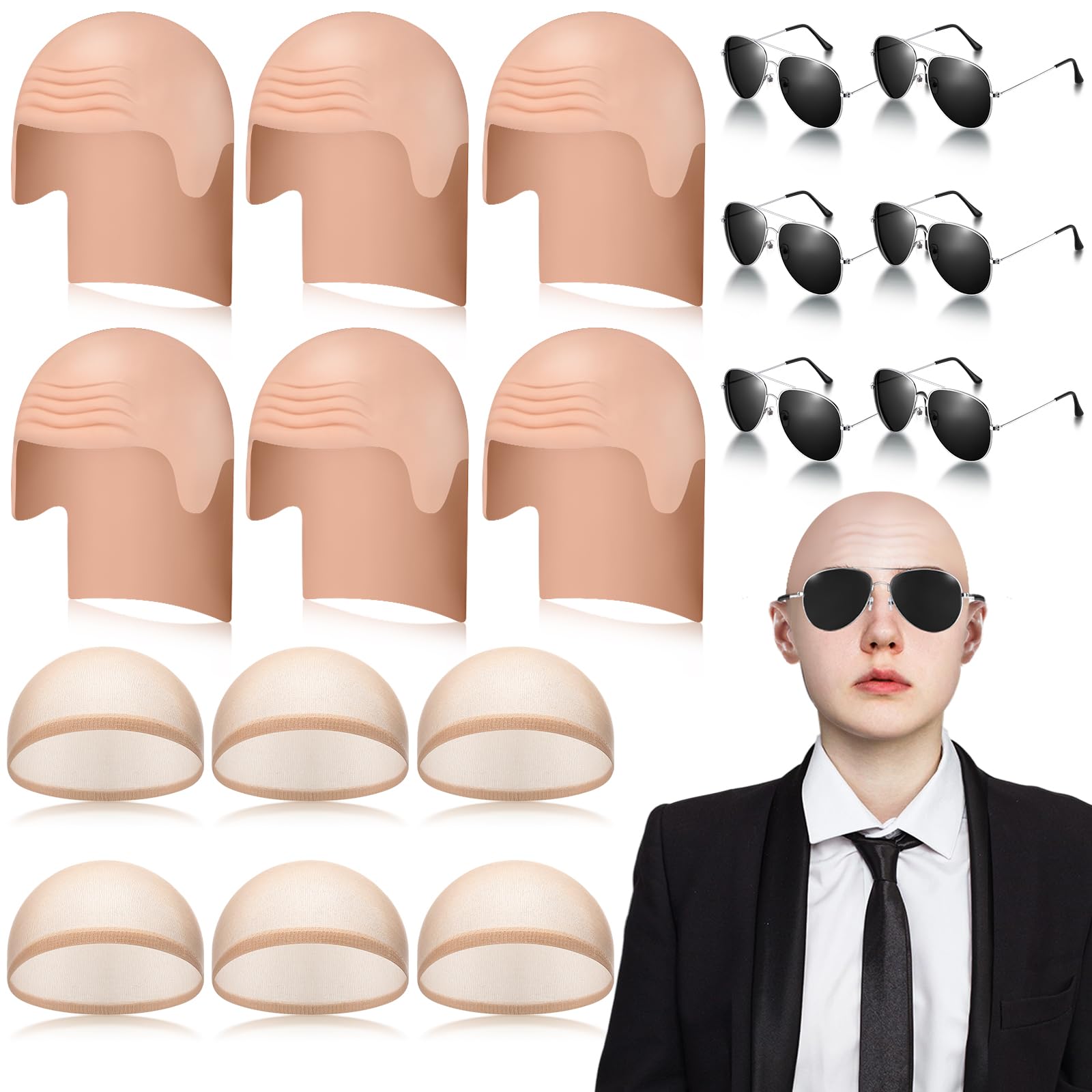 Mepase 6 Pcs Bald Caps with Glasses Nylon Makeup Latex Bald Head Cap Wig for Men Women Adults Cosplay Party Costume Accessories (12.2 x 8.6 Inch)