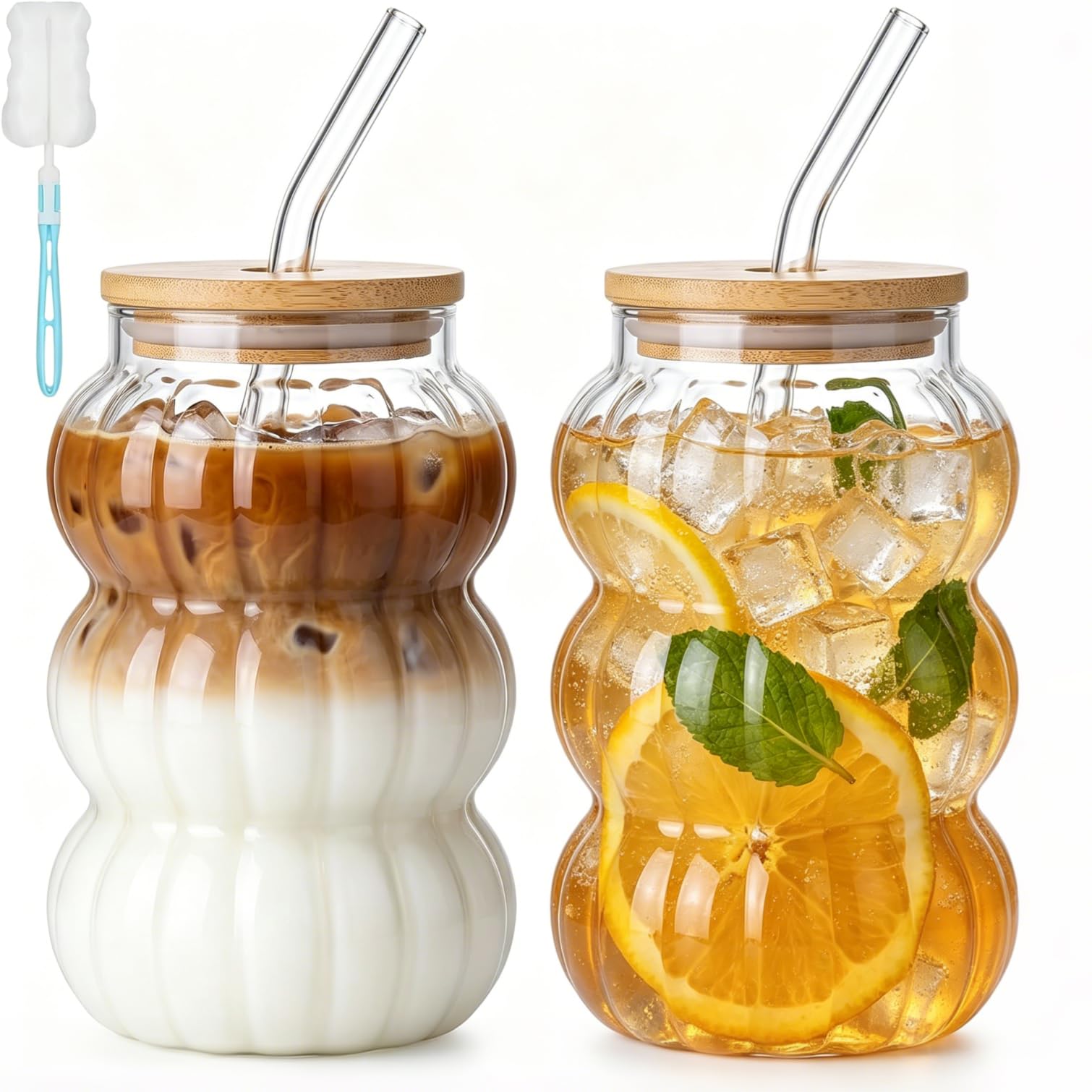 2Pcs 500ML Glass Iced Coffee Cup with Straws - Clear Ribbed Ice Coffee Cup Matcha Glass Cups Matcha Glasses with Lid & Cup Brush for Ice Coffee Juice Drink Milk Tea Cocktail Wedding Birthday Gift