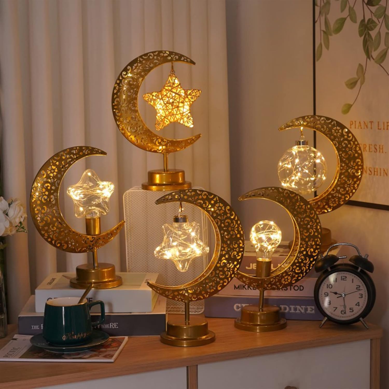 NFNSIG Vintage Moon Star Table Lamp, Metal Frame Ramadan Desk Lamp Battery Powered Mosaic Crescent Bohemian Handmade Bedside Light for Living Room, Bedroom