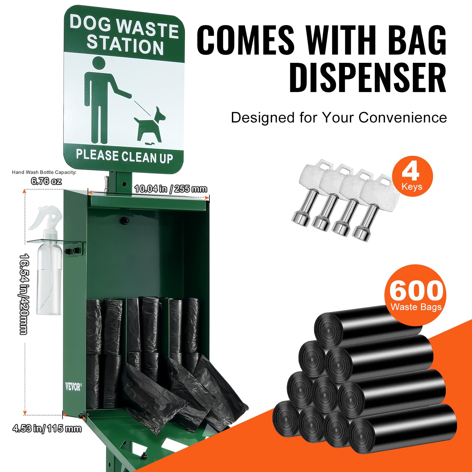 VEVOR Station Collecte Déjections Canines, Bouteille Lave-mains, Capacité Poubelle 43 L, 50 Sacs de Doublure, Distributeur de Sacs, 600 Sacs à Déchets, Élimination Crottes Canine Extérieur pour Parc