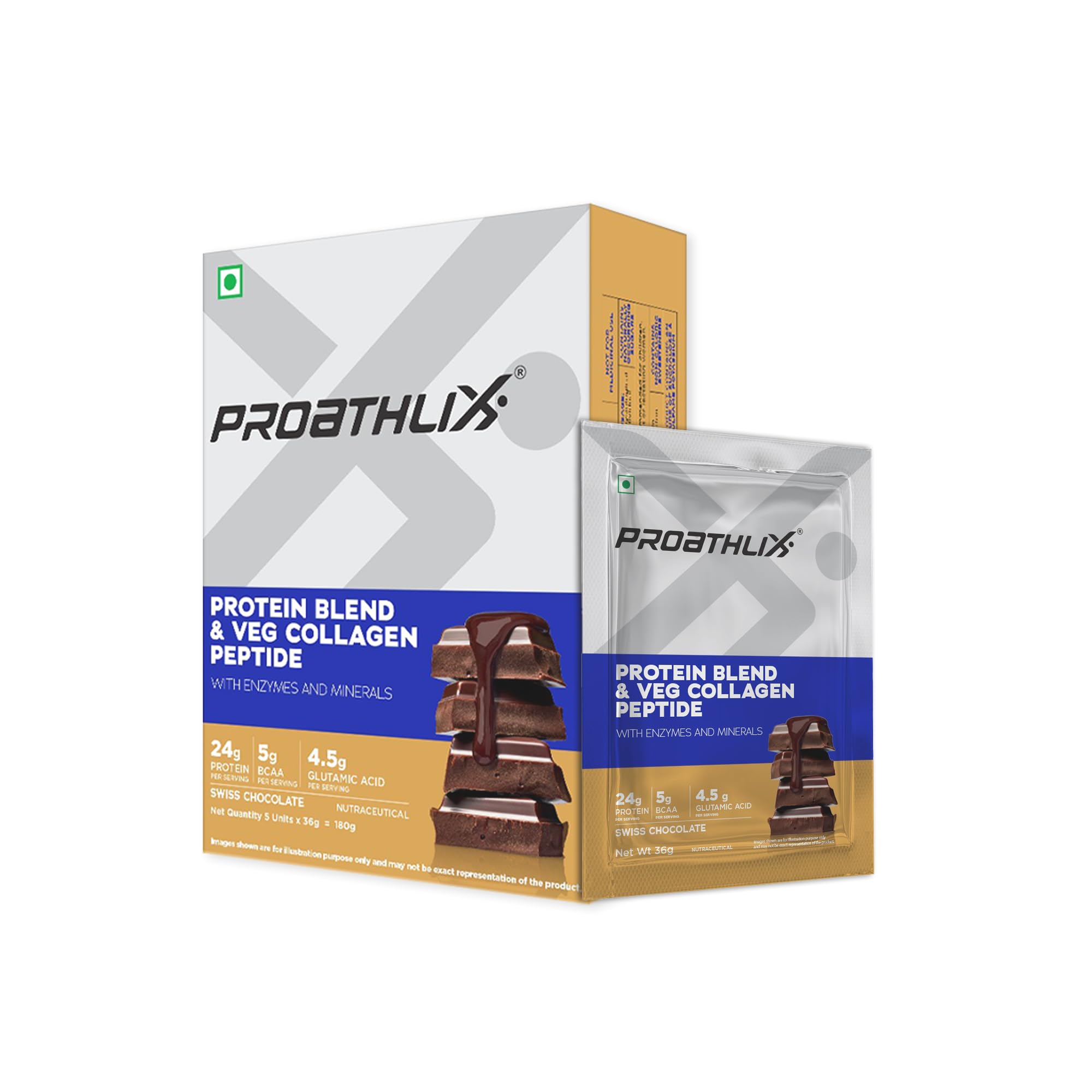 Proathlix Protein Blend & Veg Collagen Peptide with Enzymes for better Absorption and Minerals (Pack of 5, Swiss Chocolate) | 24g Protein, 5g BCAA, 4.5g Glutamic Acid | Muscle Support & Recovery