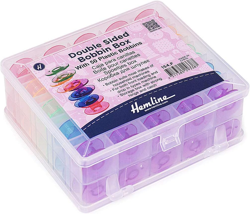 Tacony Box Dbl Sd w/50, Clear W/Assorted Bobbin Colors