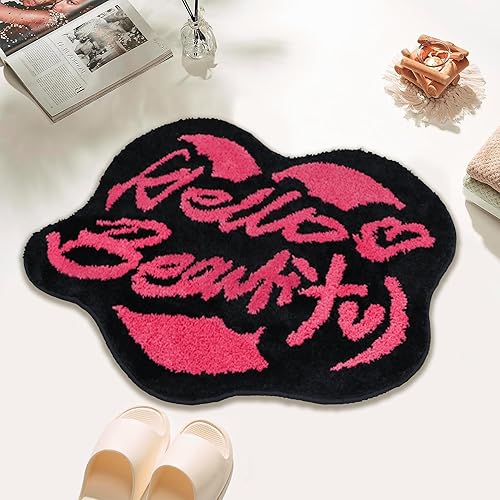 Tapete de baño con forma de corazón para el día de San Valentín, tapete de baño con forma de corazón, antideslizante, lavable, color negro y rosa,