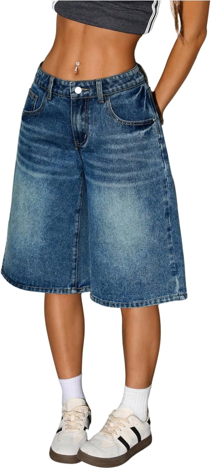WDIRARA Women's Low Rise Baggy Denim Shorts Wide Leg Bermuda Jean Shorts