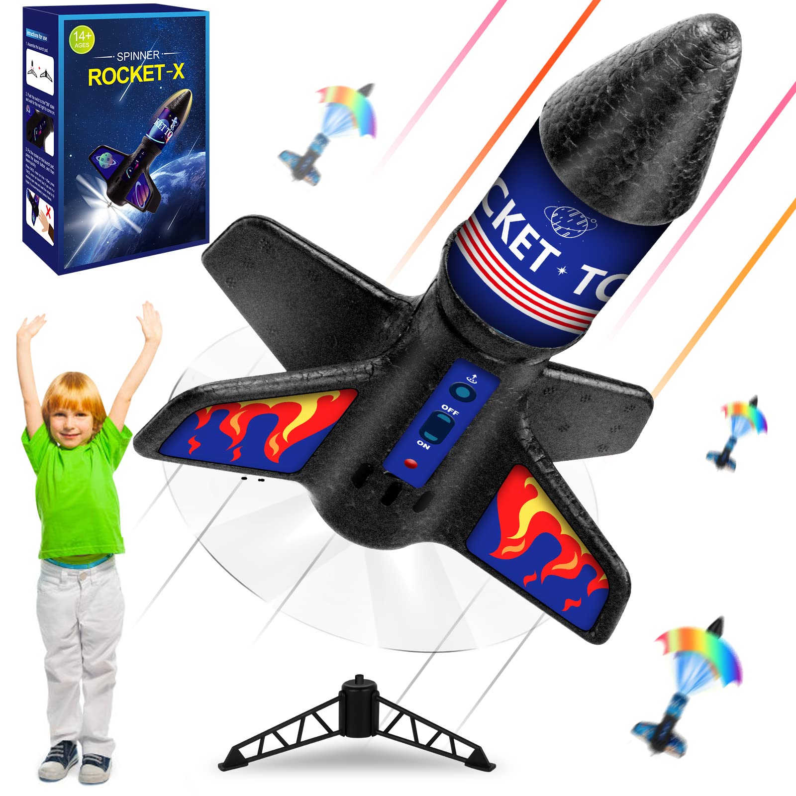 Electric Rocket Launcher Outside Toys for Kids Ages 8-12 Shoot Up to 164 Ft with 3 Rocket Stickers Parachute Safe Landing Self-Launching Outdoor Rocket Kit Toys Christmas Birthday Gift (Flame)