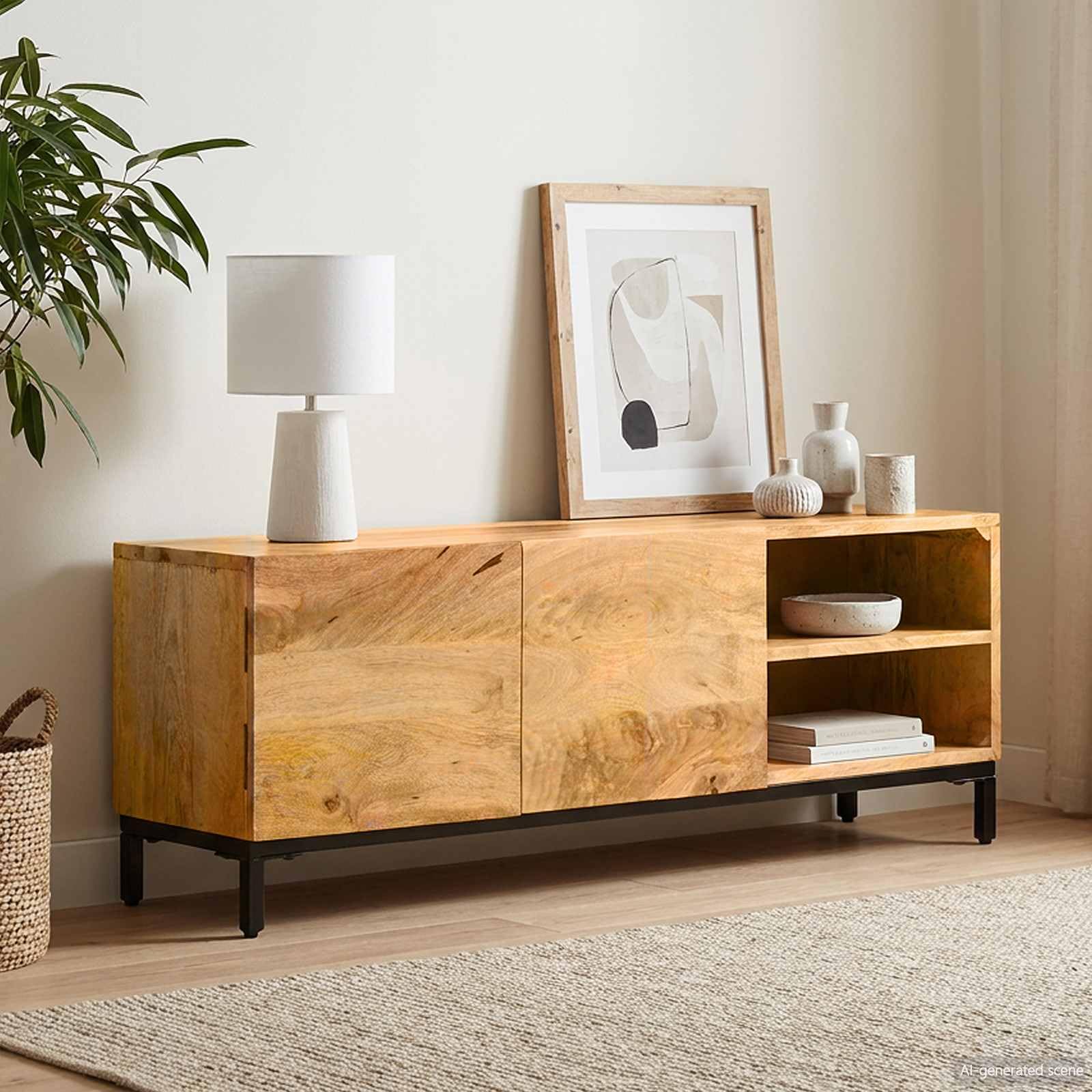 Armario bajo marrón de 110 cm con puertas y estante, mueble consola multimedia interior